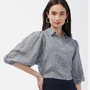 NWT Chico's Womens 100% Linen Billow Sleeve Button Up Shirt US 12 Blue Heathered